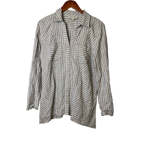 Jones New York Gray White Striped 100% Linen Asymmetrical Tunic Size Medium - Picture 1 of 7